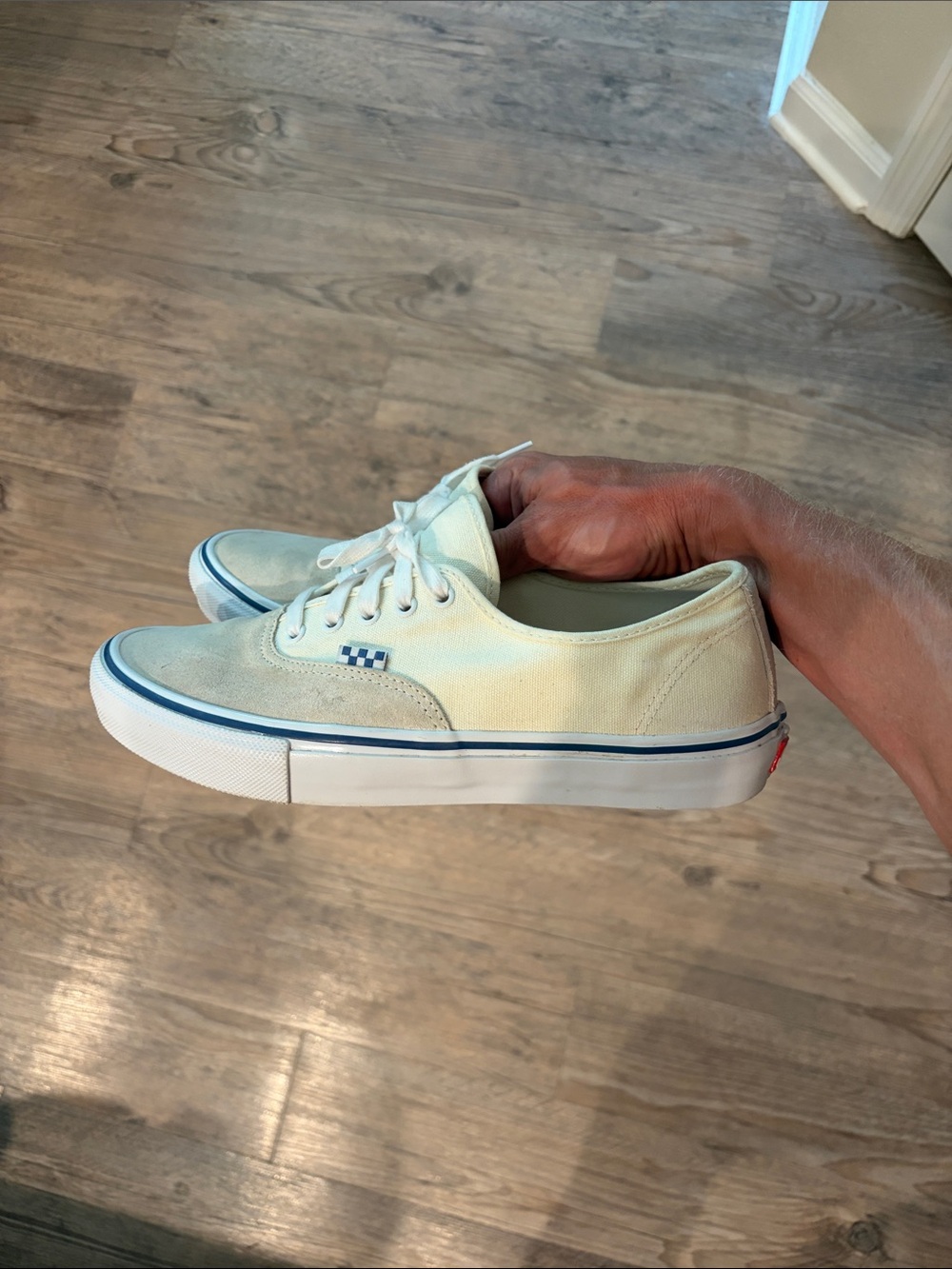 Vans Low-Top Canvas Sneakers in Off-White with Blue Stripe